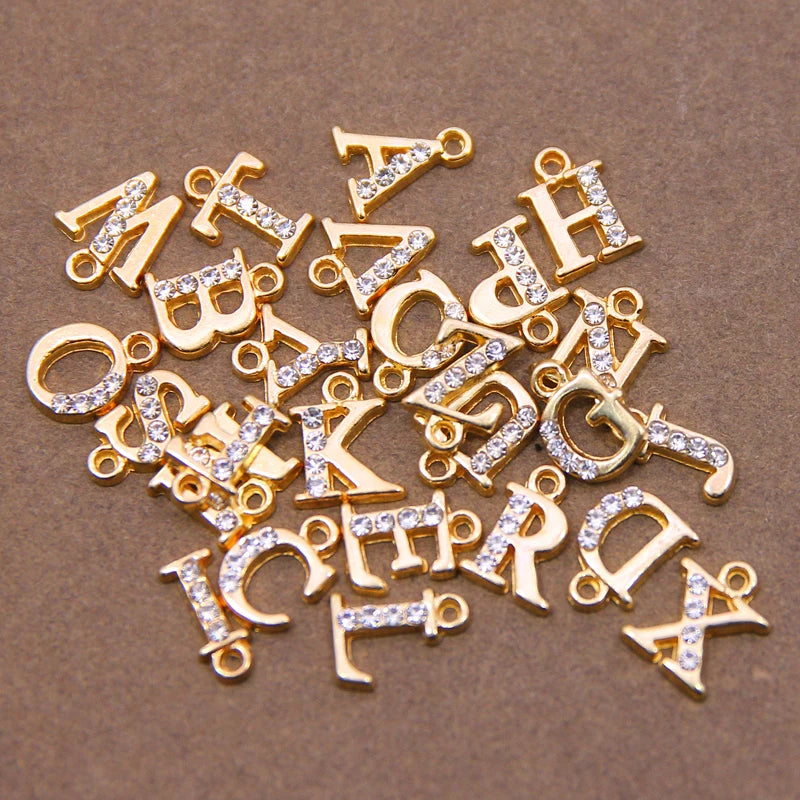 10/26pcs 13*10mm Alloy inlaid rhinestones 26 Letter Charms Pendants for Women Necklace earring jewelry accessories model