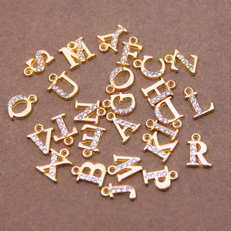 10/26pcs 13*10mm Alloy inlaid rhinestones 26 Letter Charms Pendants for Women Necklace earring jewelry accessories model