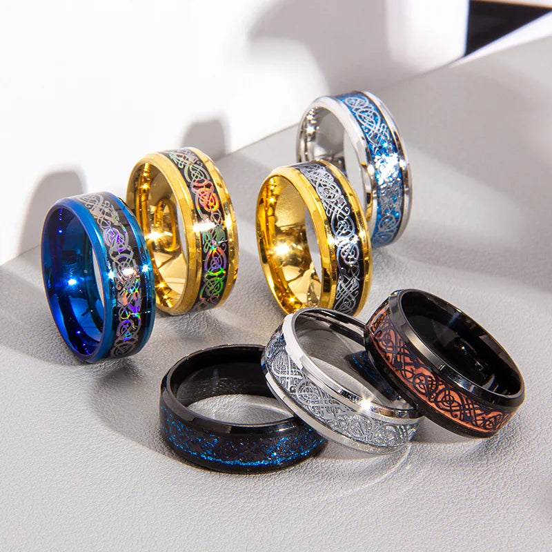 20 Colors Men Jewelry Red Blue Black Dragon Inlay Comfort Fit Stainless Steel Rings For Wedding Wide 8mm