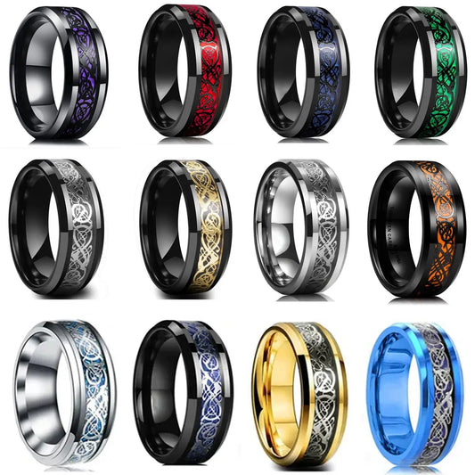 20 Colors Men Jewelry Red Blue Black Dragon Inlay Comfort Fit Stainless Steel Rings For Wedding Wide 8mm