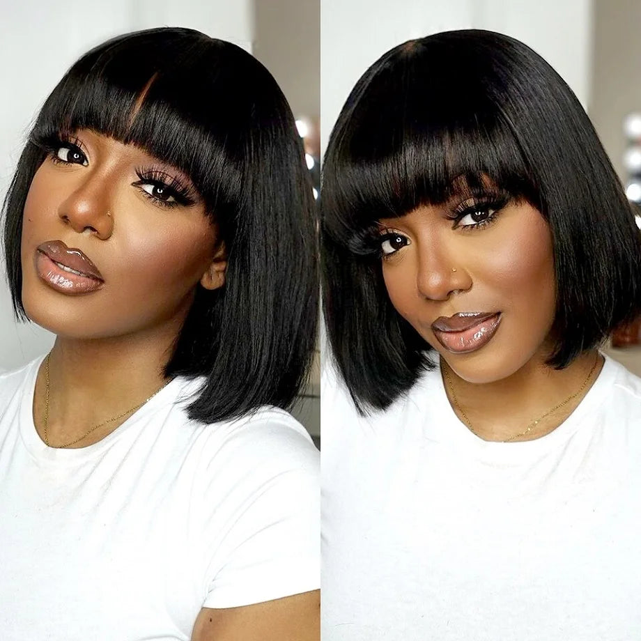 Full Machine Made Bob Wig With Bangs 8-14inch Short Wigs 100% Human Hair