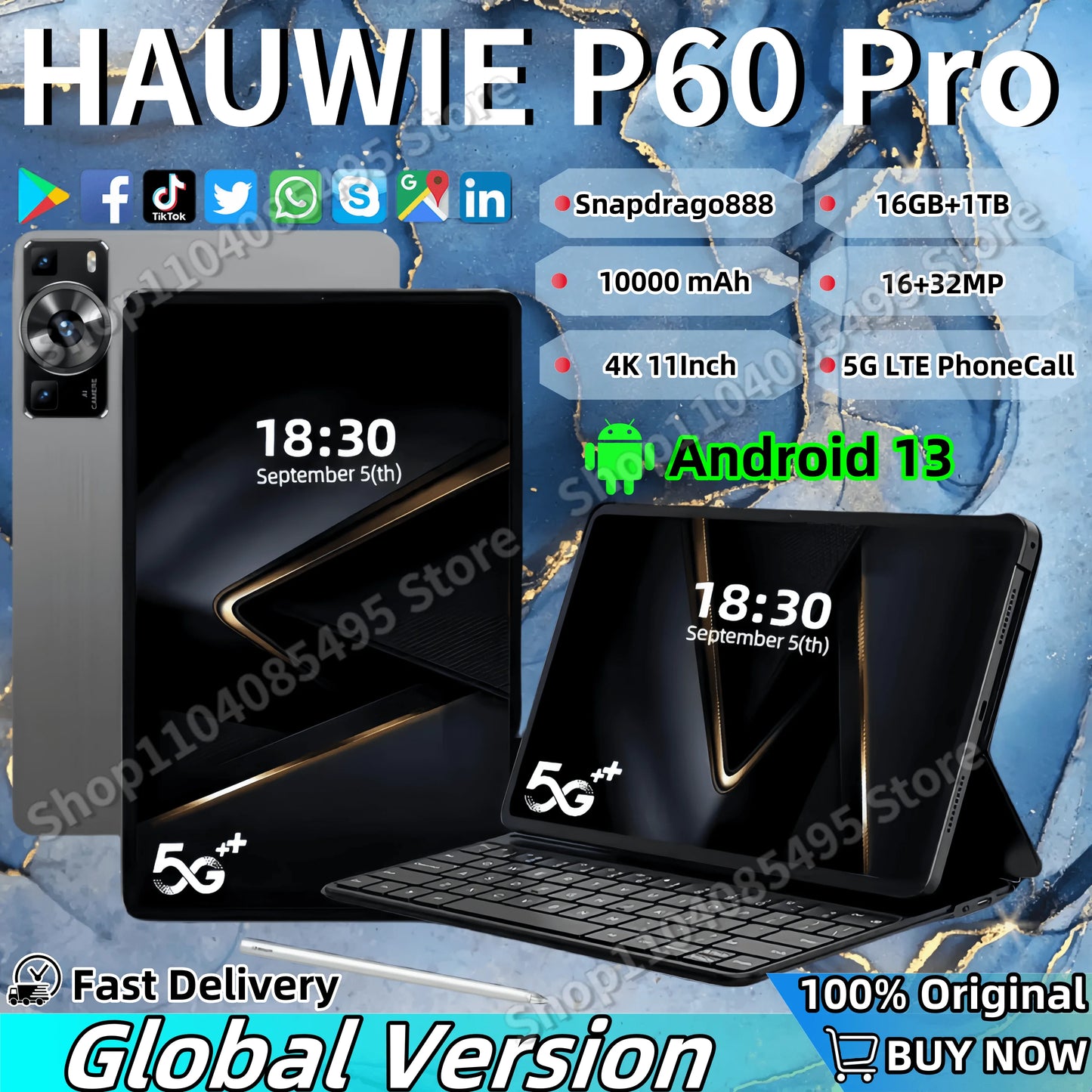 2024 New Original Global Version P60 Pro Tablet Android13 10000mAh 16GB+1TB 11Inch 4K 5G Dual SIM Phone Call WiFi Tablets PC