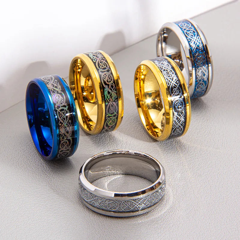 20 Colors Men Jewelry Red Blue Black Dragon Inlay Comfort Fit Stainless Steel Rings For Wedding Wide 8mm