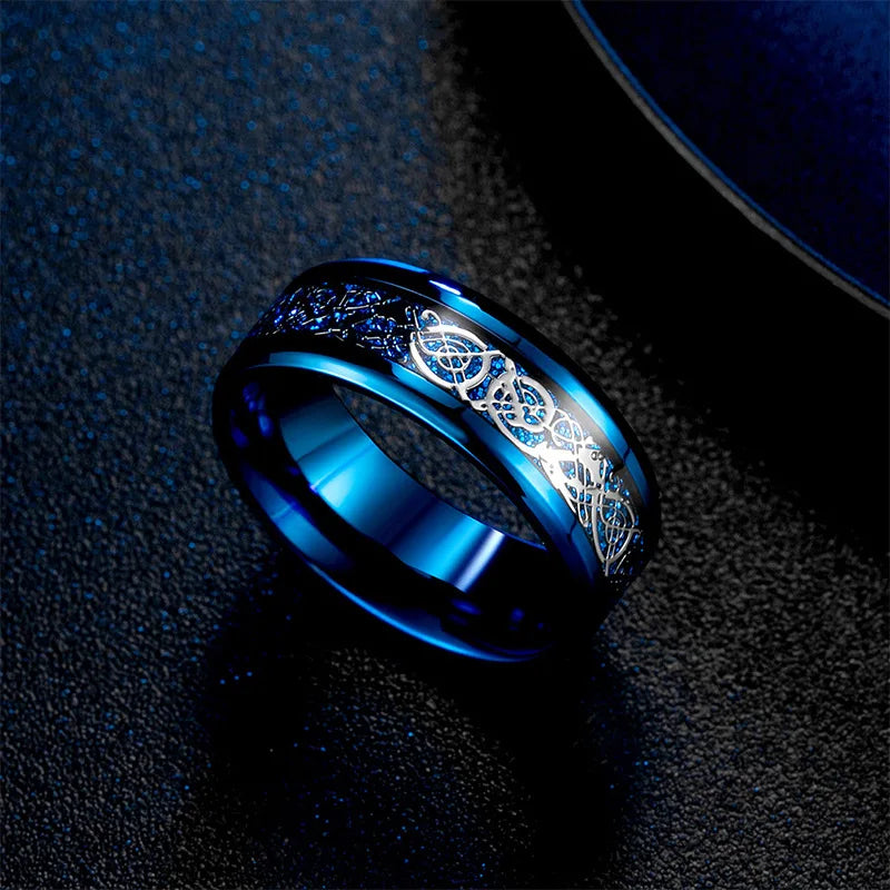 20 Colors Men Jewelry Red Blue Black Dragon Inlay Comfort Fit Stainless Steel Rings For Wedding Wide 8mm