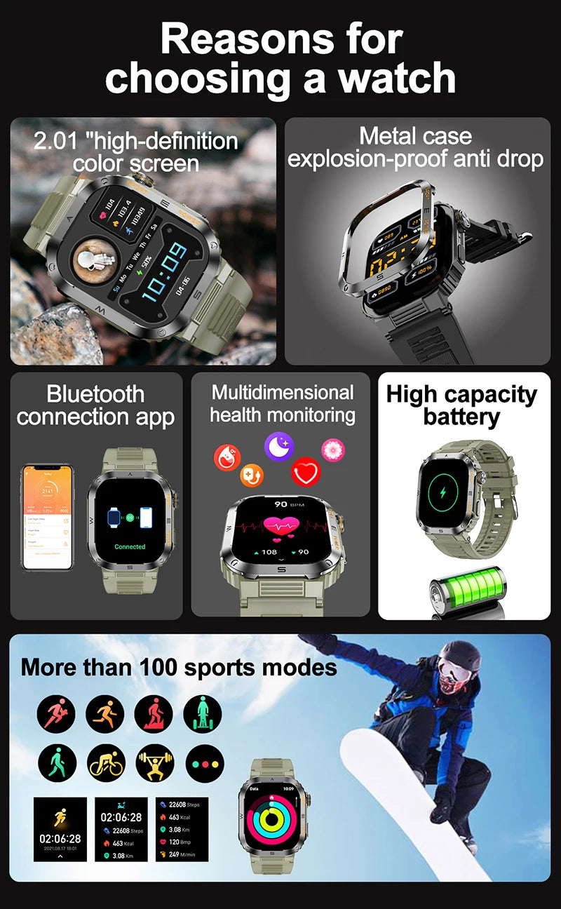 2024 New Rugged Military Smart Watch Men For Android Xiaomi Ios 3ATM Waterproof Sports Fitness AI Voice Smartwatch Outdoor Watch